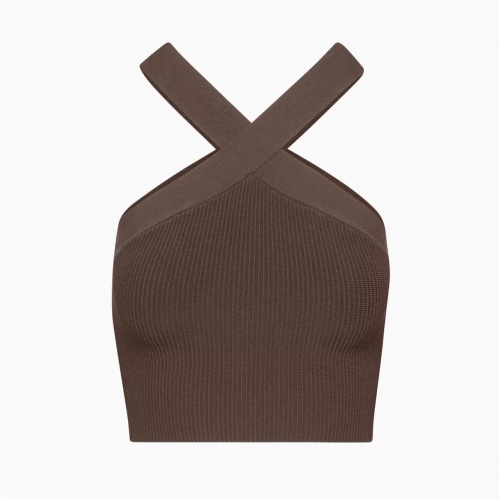 Sculpt Knit Criss Cross Cropped Tank in Rich Mocha Brown